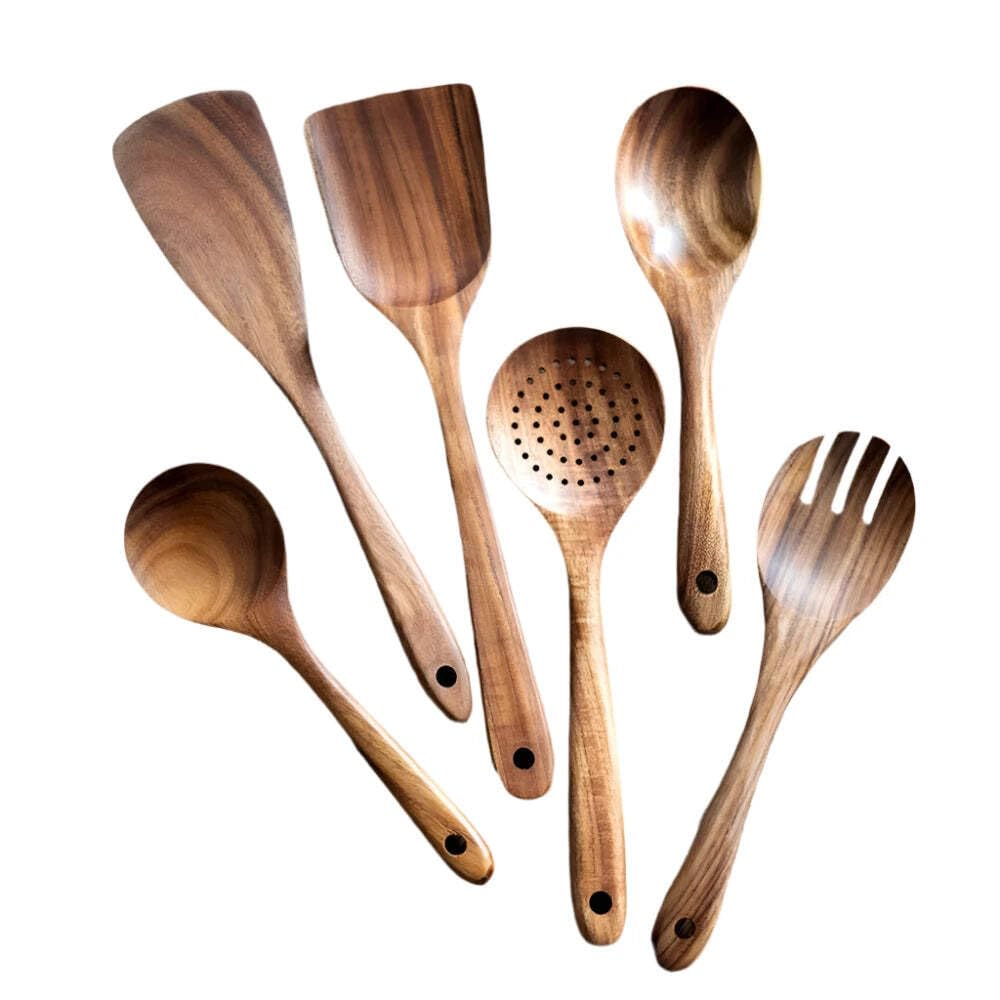 Thailand - Juego de 8 cucharas de madera natural de teca, cucharón volteador, colador de arroz, sopa, espumador, cucharas de cocina, cuchara de cocina