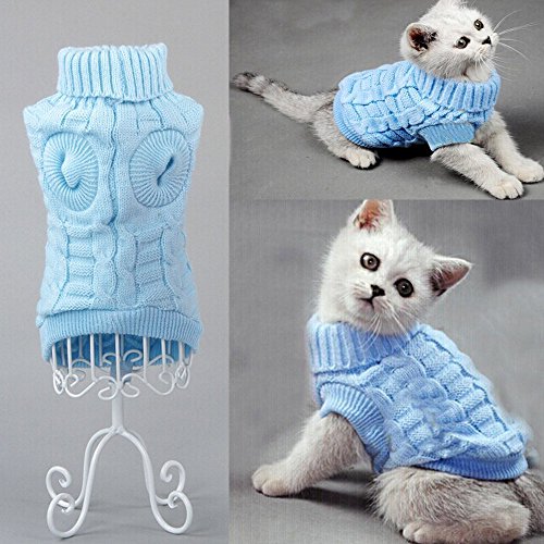 Turtleneck Pet Cats Sweater Aran Pullover Knitted Doggie Kitty Clothes Solid Colors For Kitten Chihuahua Pug (Blue, Xl) #TOP1