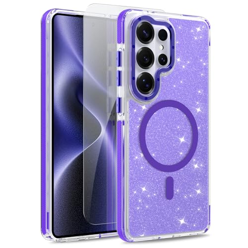 Image of Magnetic Case for Samsung Galaxy S26 Ultra [Compatible with Magsafe] [Bling Glitter Fluorescent Design] [1 Screen Protector] Slim Translucent Matte Case for Galaxy S26 Ultra 6.9 inch, Purple