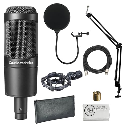 Audio-Technica AT2035 Cardioid Condenser Microphone Bundled with 20ft XLR Cable + Pop Filter + Microphone Arm (4 Items)