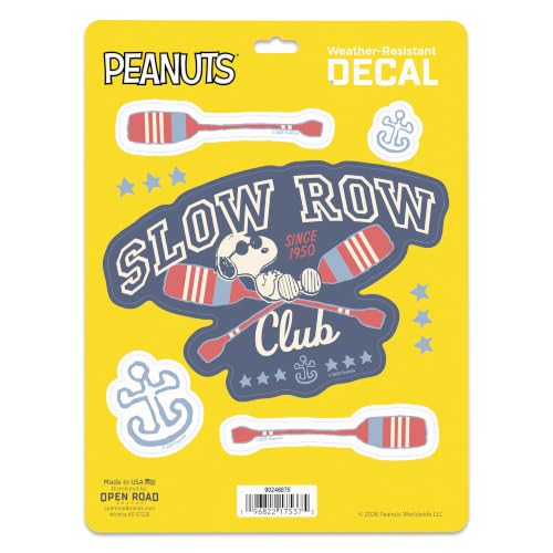 Image of Peanuts Snoopy's Slow Row Club Adhesive Vinyl Decal Pack | Rowing Stickers for Laptop or Water Bottle, 1 pack (5 count)