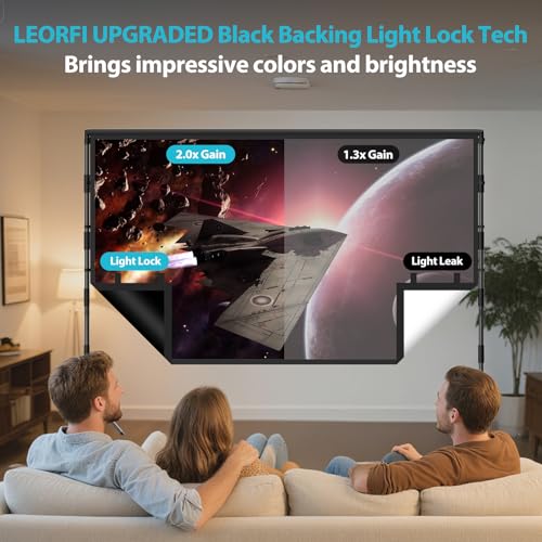 Outdoor Projector Screen with Stand: LEORFI 120 inch Black Backing Projection Screen Indoor - Upgraded Movie Screen 16:9 4K HD - Wrinkle-Free Lightweight Movie Screen with Carry Bag for Backyard Night — view 3
