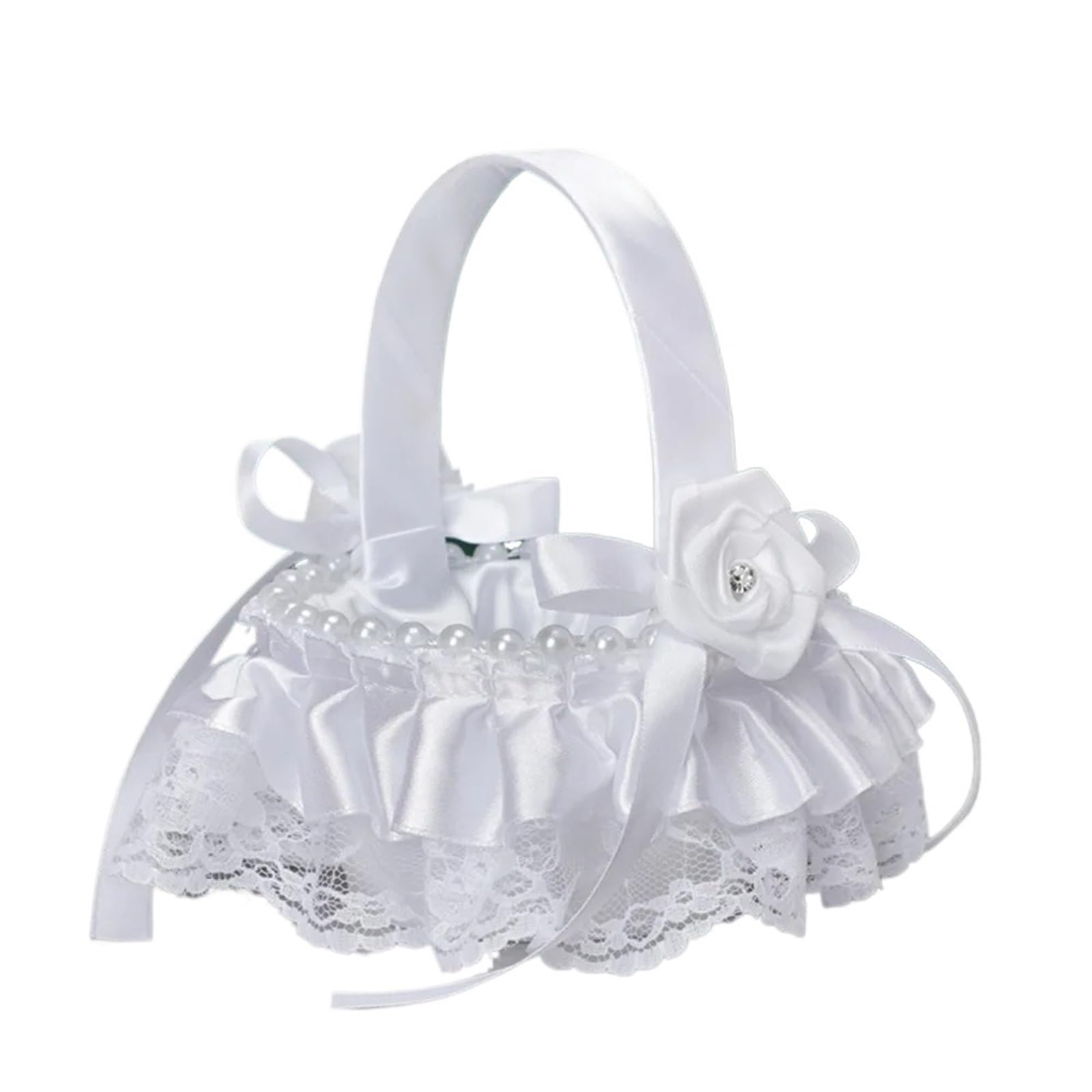 Flower Girl Bow Basket Satin Lace Beaded Feather