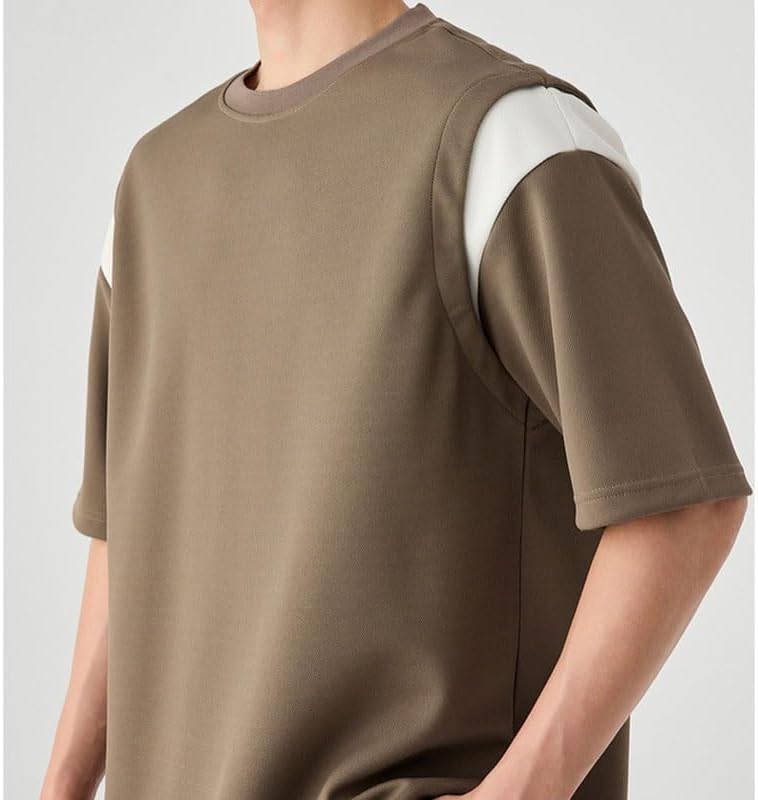 Men's Fashion Splicing T-Shirt Loose Polyester Round Neck Short Sleeves Breathable Sports Comfortable Vest