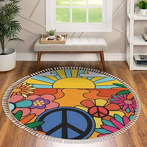 Ouvnwlre Round Fringe Shag Rugs 70S Groovy Retro Sunshine And Flowers Print With Sign Vintage Hippie Boho Circle Throw Area Rug Kids Girl Room Decor Carpet Tassels For Powder Nursery Playroom, 4' #TOP1