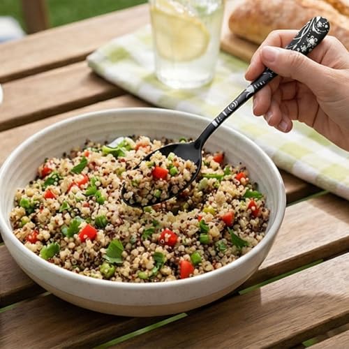 Image of 8 inch Charcoal Black Silverware Dinner Spoons with Floral Printed Handle | 5-Piece Premium Stainless Steel Flatware Set | Dishwasher Safe Cutlery Set for Home, Restaurant & Gifting