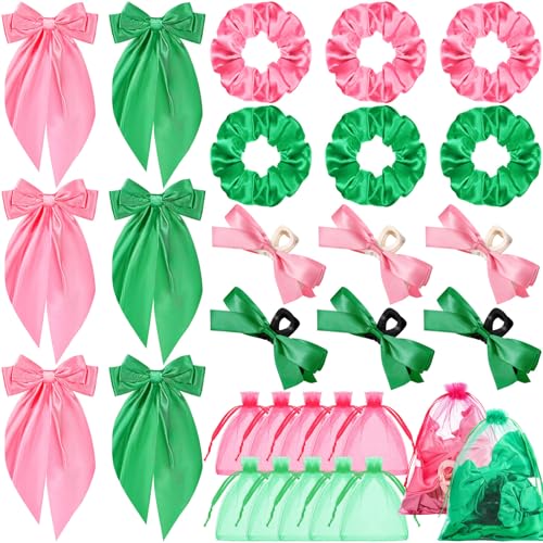 Yuxung 24 Pcs Pink and Green Hair Accessories Set for Women Witch Themed Satin Scrunchies, Oversized Bows, Long Tail Claw Clips and Organza Gift Bags for Spring Summer Party Daily Wear Gifts