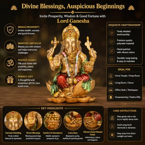 Image of Lord Ganesha Idol for Home Mandir & Office, 4 Inch Marble Dust Resin Ganesh Murti with Antique Multicolour Finish, Ganpati Idol for Pooja Room, Home Decor, Housewarming & Diwali Gift