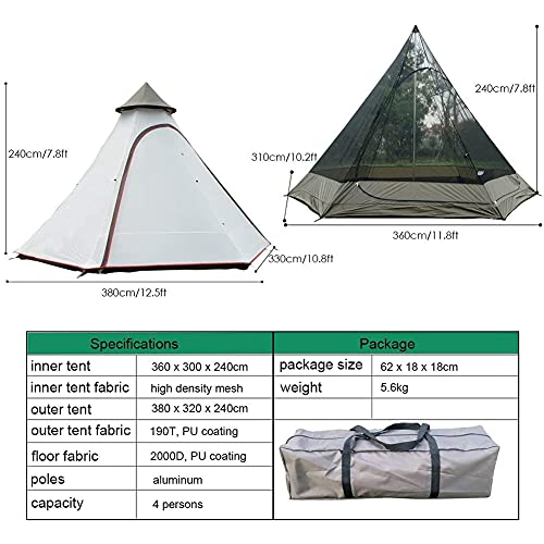 Hot Tent,Winter Tent,Teepee, Waterproof Camping Pyramid Teepee Tent Adult Tipi Tent Waterproof Double Layers Indian Tent Yurt Tent Tower Post Bell Tent for Outdoor Family - Image 7