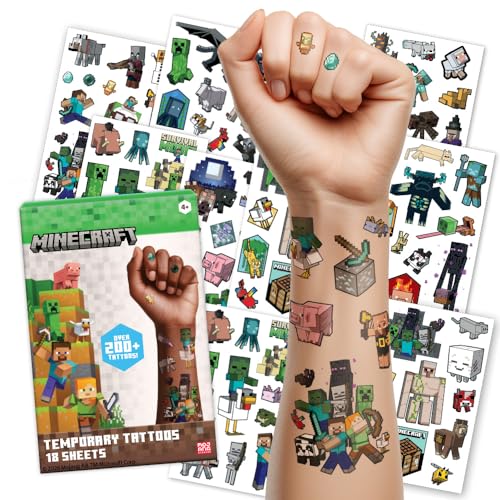 Minecraft Temporary Tattoos for Kids (200 pack). Made in the USA w Certified Safe Ink. Birthday Party Supplies and Party Favors Kit. Bulk Temporary Tattoos Stickers Set for Girls and Boys.