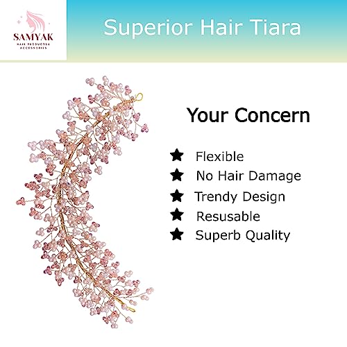 Image of Samyak Crystal Pearl Hair Vine Tiara Headband Headdress Hair Jewellery /Hair pin /Bun Clip For Bridal Wedding Functions Bridesmaid (Baby Pink)