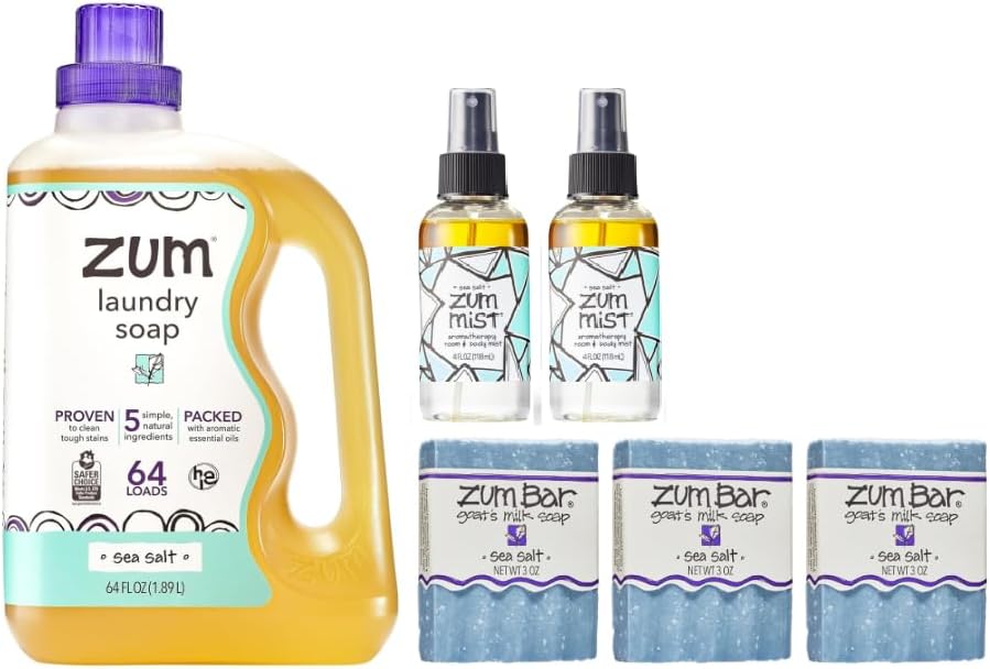 Zum by Indigo Wild Sea Salt Trio: Plant-Based Laundry Soap (64 fl oz), Goat's Milk Soap Bar (3 oz, 3 Pack), and Mist Room and Body Spray (4 fl oz, Pack of 2)