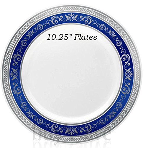 buyNsave Blue With Silver Heavyweight Plastic Elegant Disposable Plates, Wedding Party Elegant Dinnerware, Royal Collection (35, 10.25" Dinner Plates)