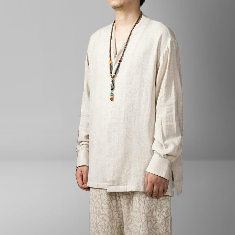 Chemise style chinois hommes automne coton lin rétro - 3