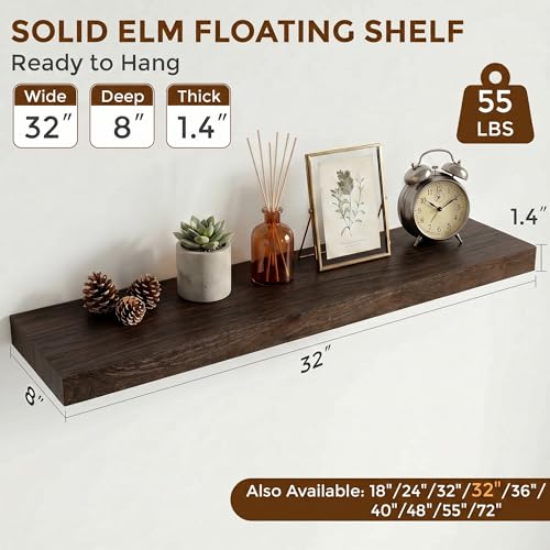 Image of Dreamland Rustic Elm Woood Floating Shelves for Wall Decor, 32 inch W x 8 inch D x 1.5 inch H Floating Shelves Set of 2, Wall Mounted Deep Wooden Shelf for Living Room, Bedroom, Kitchen, Bathroom, Walnut
