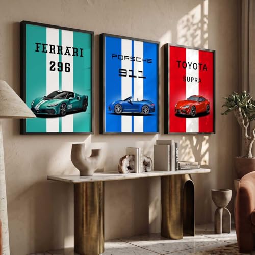 Image of HOTHOUSE Big Ferrari 296, Porsche 911, Toyota Cars Framed Posters Gift Items for Boys Room Wall Decoration Bedroom Living Room Office Studio Decor | Set Of 3 Size (10 X 13 inch)