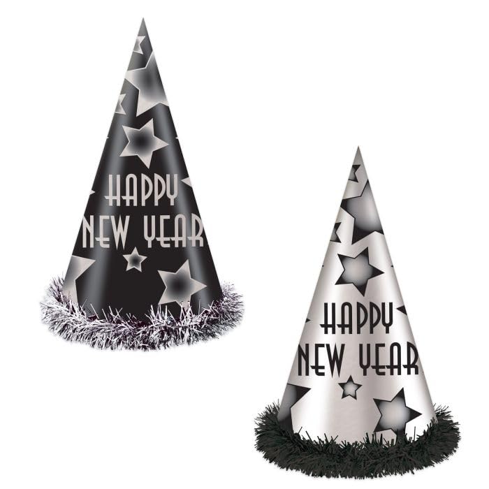Partyhüte "Happy New Year", Schwarz und Silber (25 pro Box)