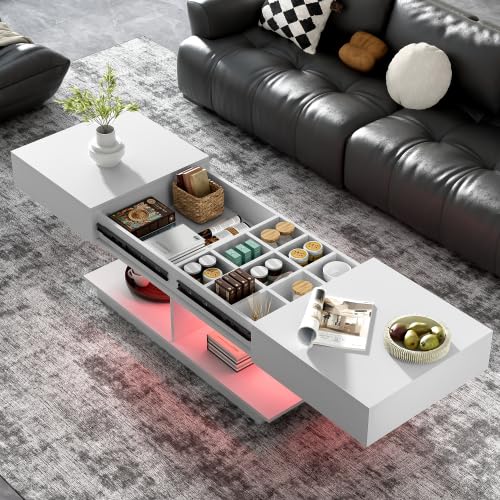 15.4 Inch Height Extendable LED Coffee Table, Modern Coffee Table