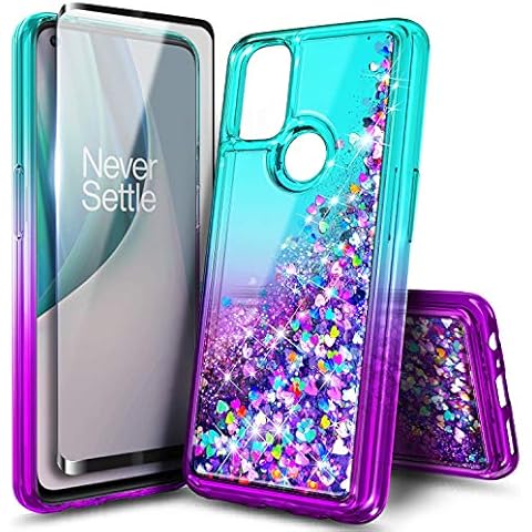 NZND Case for OnePlus Nord N10 5G with Tempered Glass Screen Protector (Full Coverage), Sparkle Glitter Flowing Liquid Quicksand, Women Girls Cute Phone Case (Aqua/Purple) Cover