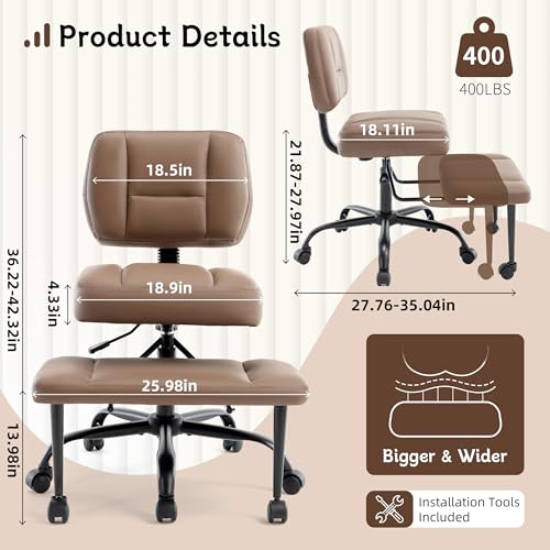 Image of Ergonomic Criss Cross Legged Office Chair, ADHD Chair, 360 Swivel Meditation Kneeling Chair with Wheels, Adjustable Footrest, Bigger & Wider Height Adjustable Seat, Strong Lumbar Support, Brown PU