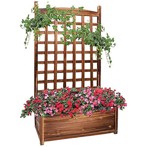 UNHO Wood Planter Box with Trellis, Free Standing Plant Raised Bed Large Plant Trough Container Box for Patio Garden Yard (25’’LX13’’WX 30’’H) Cover