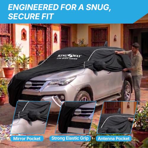 Image of KINGSWAY Super Waterproof Car Cover Only with Mahindra XEV 9S (Year 2026 Onwards - All Model) | Mirror and Antenna Pockets | All Weather Car Body Cover with Silver Piping | Black