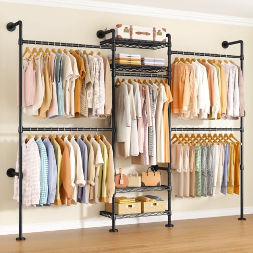 Image of ULIFHOME M7 Wall-Mounted Clothes Rack, Heavy-Duty Garment Closet System | Metal Clothing Storage Organizer with Shelves and Expandable Hangers, (66.5-100.7) inchL x 11.8 inchD x 86.6 inchH for Hanging, Black