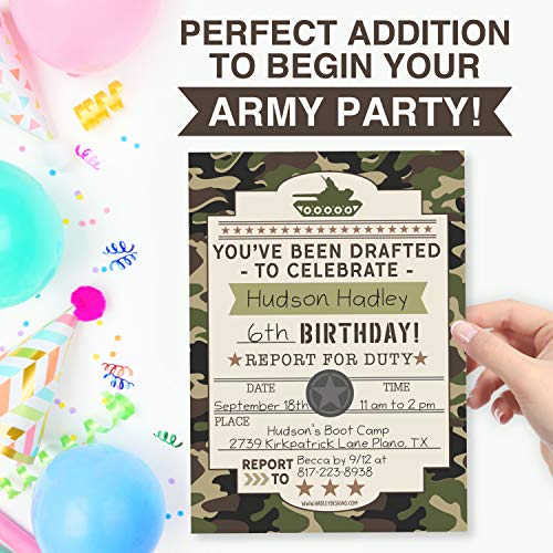 Image of Hadley Designs Kids Birthday Invitations For Boys Army Theme - 25 Call of Duty Birthday Party Invitations For Boys, Camo of Duty Invites For Boy, Cute Camouflage Military Party Supplies, Made In USA