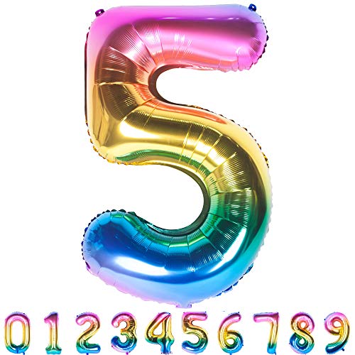 40 Inch Rainbow Large Number 5 Balloons Giant Helium Foil Mylar Digital Gradient Colorful 0 To 9 Balloon 5Th Girl Rainbow Birthday Party Decorations Supplies #TOP19