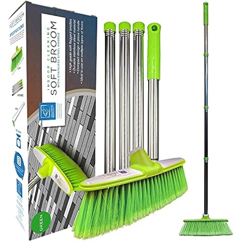 Weicher Kehrbesen mit Edelstahl-Stiel für den Innenbereich - Der perfekte Besen für den Küchenboden Ihres Hauses - Der Kehrbesen mit langem Stiel (Grün) Cover