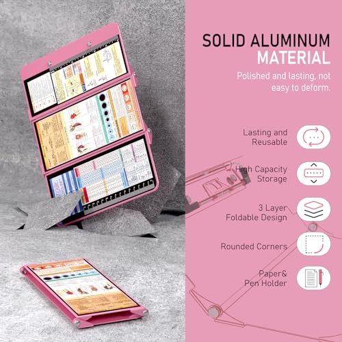 Image of Nursing Clipboard Foldable, Foldable Clip Board w /Nursing Edition Cheat Charts, 3 Layers Aluminum, Nurse Plank w /Low Profile Clip&Pen Clip Pocket for Students, Nurses and Doctors, Pink