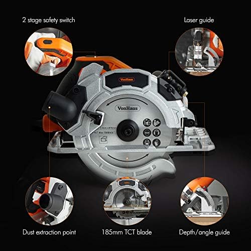 VonHaus Circular Saw 1500W with 2 Blades  Parallel Track Plunge/Jig/Straight Cutter  Speed Control  Laser Guide  MDF  Steel Body  3m Long Power Cable