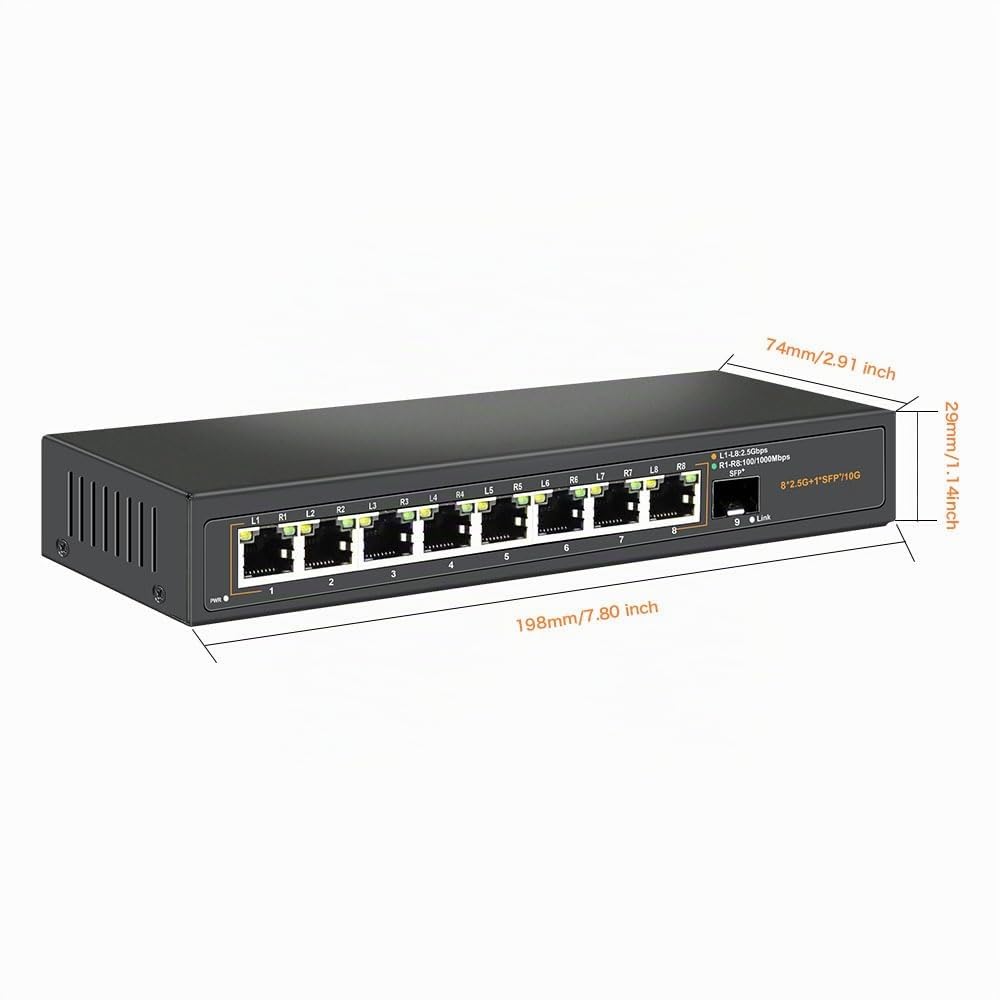 Switch Ethernet non gestito Davuaz 2.5G con 8 porte 2.5G Base-T e 1 porta Uplink 10G SFP, compatibile con 100/1000/2500Mbps, design senza ventole, Plug & Play, switch di rete 2.5Gb in metallo