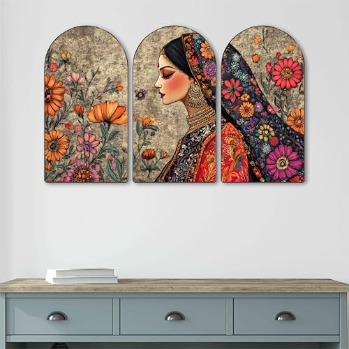 Image of Livin'luxe Traditional Indian Woman with Floral Background Wall Painting | Ethnic Lady Portrait | Set of 3 MDF Panels | Elegant Wall Art for Living Room, Bedroom & Home Decor (20 x 30 Inch) RPNS-30