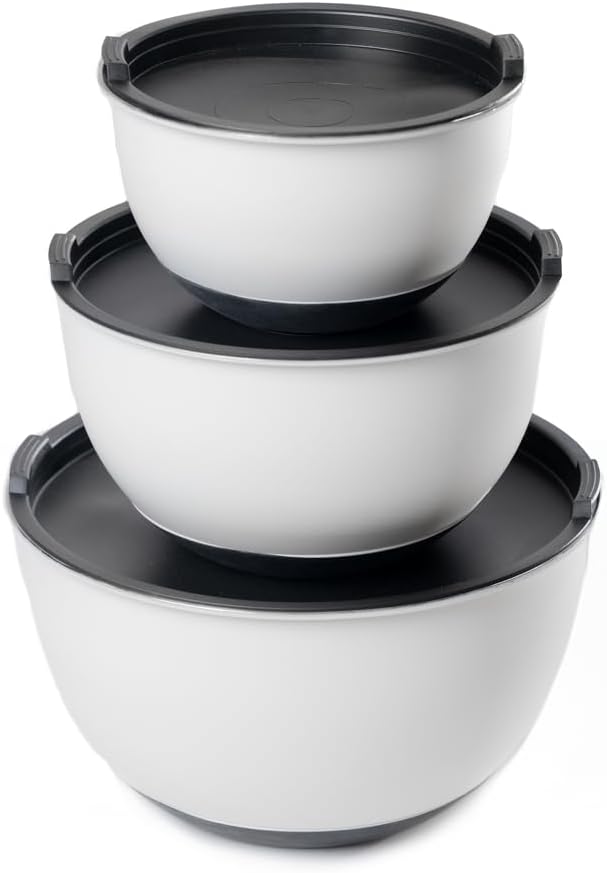 Caldwell Kitchen 3pc Stainless Steel Mixing Bowls w/ Lids & Measurement Marks – Off-White - Non-Slip Base - Nesting Kitchen Bowl Set