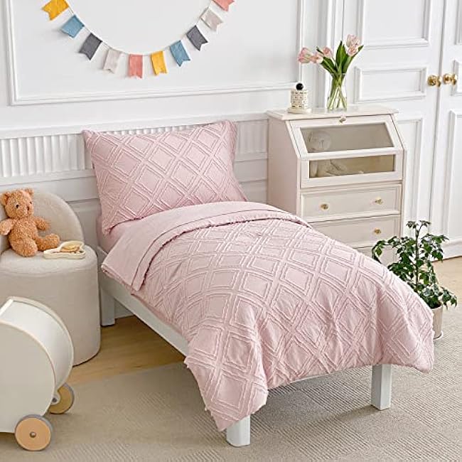 4 Pieces Tufted Toddler Bedding Set Light Pink Jacquard Tufts, Soft and Embroidery Shabby Chic Boho Bohemian Design for Baby Girls, Includes Comforter, Flat Sheet, Fitted Sheet and Pillowcase