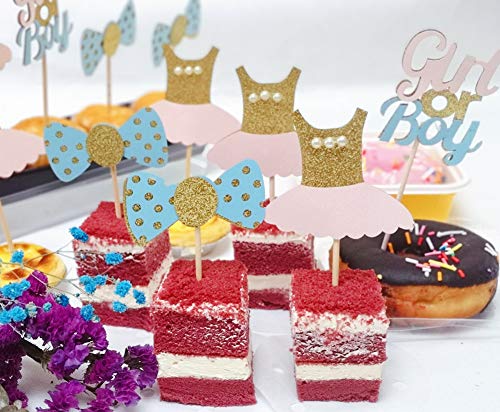Kiddale 24 Pack Glitter Baby Shower Cupcake Toppers Gender Reveal Cupcake Picks Pink And Blue Girl Or Boy Gender Reveal Centerpieces For Birthday Party Cake Food Decoration（Bow Tie And Tutu Dress） #TOP1