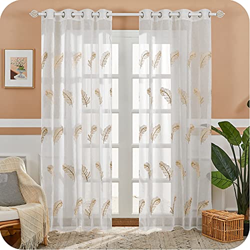 MRTREES 2 Pièces Rideaux Voilage Blanc Brun 140x225cm à Broderie de Plumes Brunes Rideau de Porte-Fenêtre Voilages Intérieurs à Oeillets Décoration Tamisante de Salon Moderne Chambre Garçon