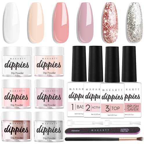 Makartt Tauchpuder-Nagelset, Tauchpulver-Starter-Kit 0,35 oz 6 Farben Rosa Nackt Dip-Nail-Kit Französisch Nagel Dip-Pulver Bausatz Keine Notwendigkeit Nagellampe Ausgehärtet Cover