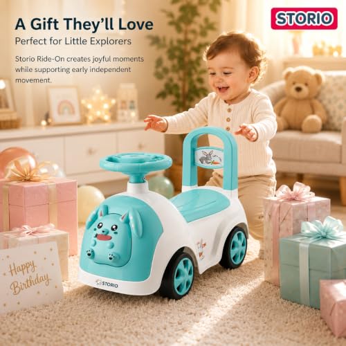 Image of Storio Rabbit Baby Ride-On Car Toy | Non-Battery Push Car for Kids with Backrest & Steering Wheel | Baby Ride On Toy for Boys & Girls 1-3 Years | Ocean Blue