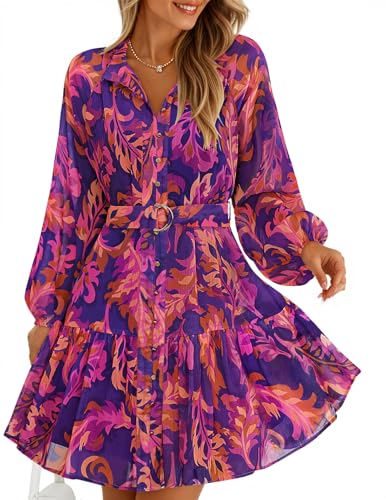 ZESICA Womens Fall Floral Mini Dress 2025 Long Sleeve Button Down Chiffon A Line Flowy Short Shirt Dresses with Belt Purple Small