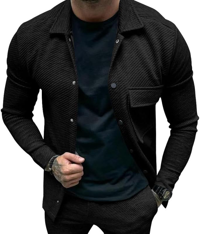 Men's Slim Fit Jacket Spring Autumn Solid Twill Button Front Casual Top with Pockets for Holidays Daily Wear - Image 2