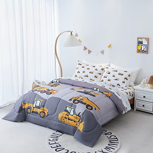 Image of Cokouchyi Twin Size Comforter Set for Boys, 4-Piece Bed in a Bag, 3D Construction Bedding Comforter Sheet Set, Ultra Soft and Fluffy, Cartoon Truck Cars