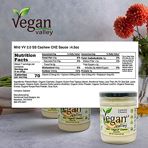 VEGAN VALLEY Mild Cashew Cheeze Sauce, 14.5 oz - Shelf Stable, Tangy Vegan Nacho Cheeze -Certified Gluten-Free, Kosher, Dairy Free Cheeze - Non-GMO Plant Based Cheeze Great As Vegan Pasta Sauce, Dip