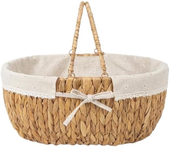 Medium Picnic Basket with Handles, Handwoven Water Hyacinth with Removable and Washable Lining, Oval Basket for Easter,Camping, Outdoor, Gift, Home Decor. White Flower