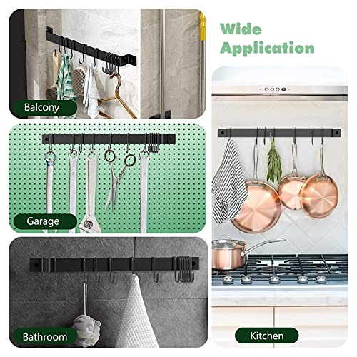 Image of Wall Mounted Kitchen Rail for Utensils - 17 Inch Black Iron Hanging Rack with 15 S-Shape Hooks | Heavy Duty Pot, Pan, Tawa & Spatula Organizer | Space-Saving Cookware Storage Bar for Kitchen