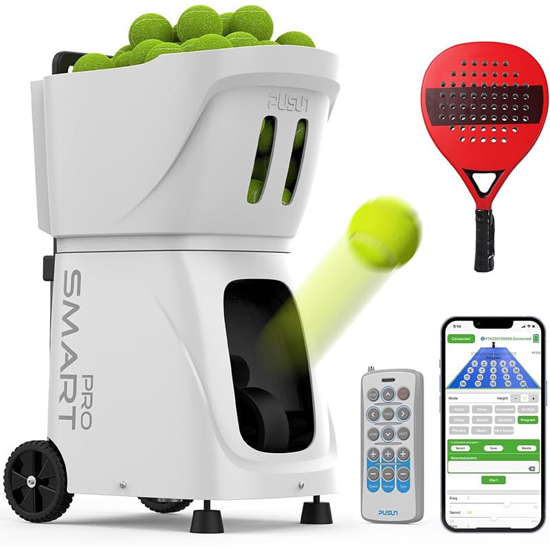 PUSUN PT Smart Pro - Macchina portatile per palline da padel con 110+palline con batteria 4-6H, portata 26 m, app/telecomando | Velocità di avanzamento regolabile e angolo di servizio | Pro Training