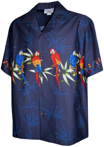 Pacific Legend Hawaiian Shirt for Men - Navy w/Parrot Stripe, 2X-Large
