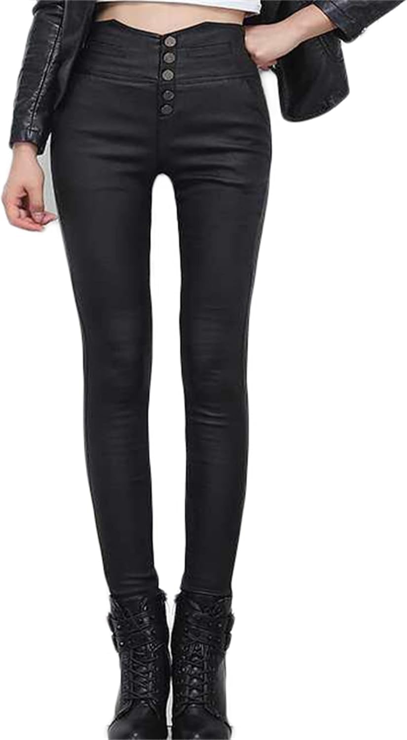 Damen Hohe Taille Skinny Slim Fit Dehnbar Kunstleder Look Leggings Yoga Denim Hose Verdickt, Black 2, M