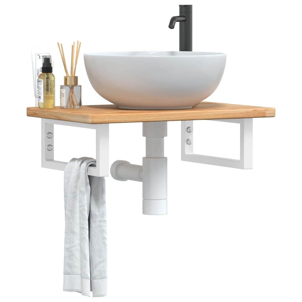 Tapa de lavabo con soporte, madera maciza de roble y acero, estantería rectangular para lavabo de pared, 60 x 40 x 2,5 cm, para baño, ahorro de espacio, 100 kg